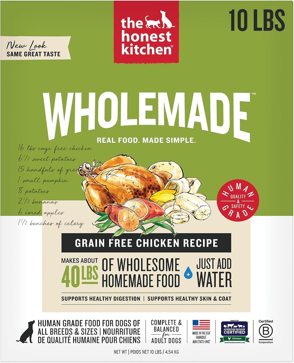 The Honest Kitchen Human Grade Wholemade™ Dehydrated Grain Free Dog Food – Complete Meal or Dog Food Topper – Chicken 4 lb (Makes 16 lbs)