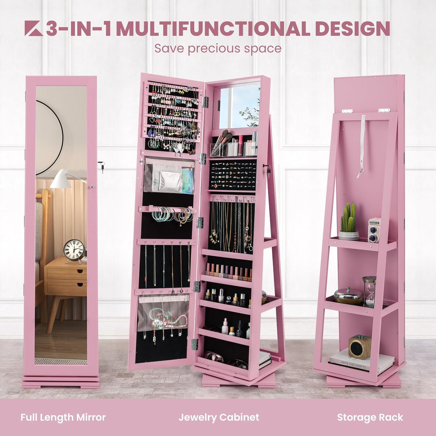 CHARMAID 360° Swivel Jewelry Armoire with Higher Full Length Mirror, Standing Lockable Jewelry Cabinet Organizer with Large Storage Capacity