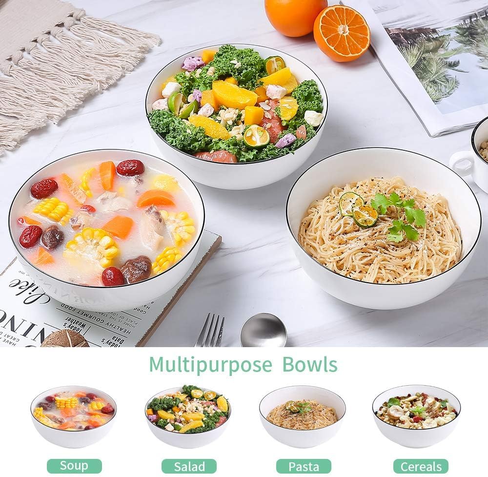 NJCHARMS Large Serving Bowls, 8'' Big Soup Bowl 60OZ Set of 3, White Ceramic Bowl for Kitchen, Pho Bowl for Pasta, Ramen, Soup, Fruit Vegetable