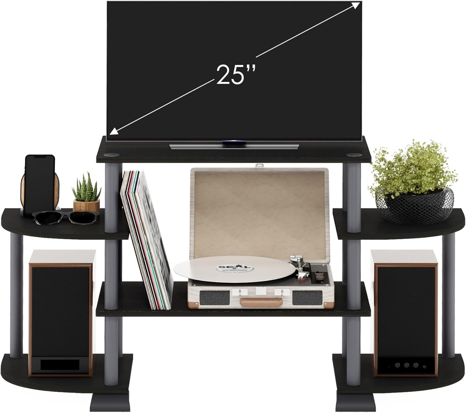 Furinno TURN-S-TUBE 3-Tier TV Stand for TVs up to 55 Inch, French Oak | Toolless Entertainment Center with Open Storage Shelves, Media Console Table with Soundbar Shelf for Living Room, Bedroom