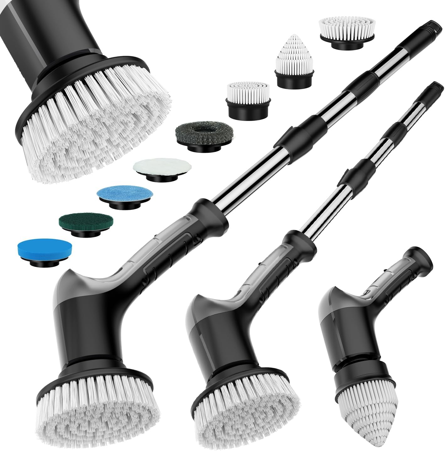 Electric Spin Scrubber with 3 Speed, Adjustable Extension Handle, 8 Brush Heads,Cordless Power Cleaning Brush for Bathroom, Tile, Kitchen-Grey