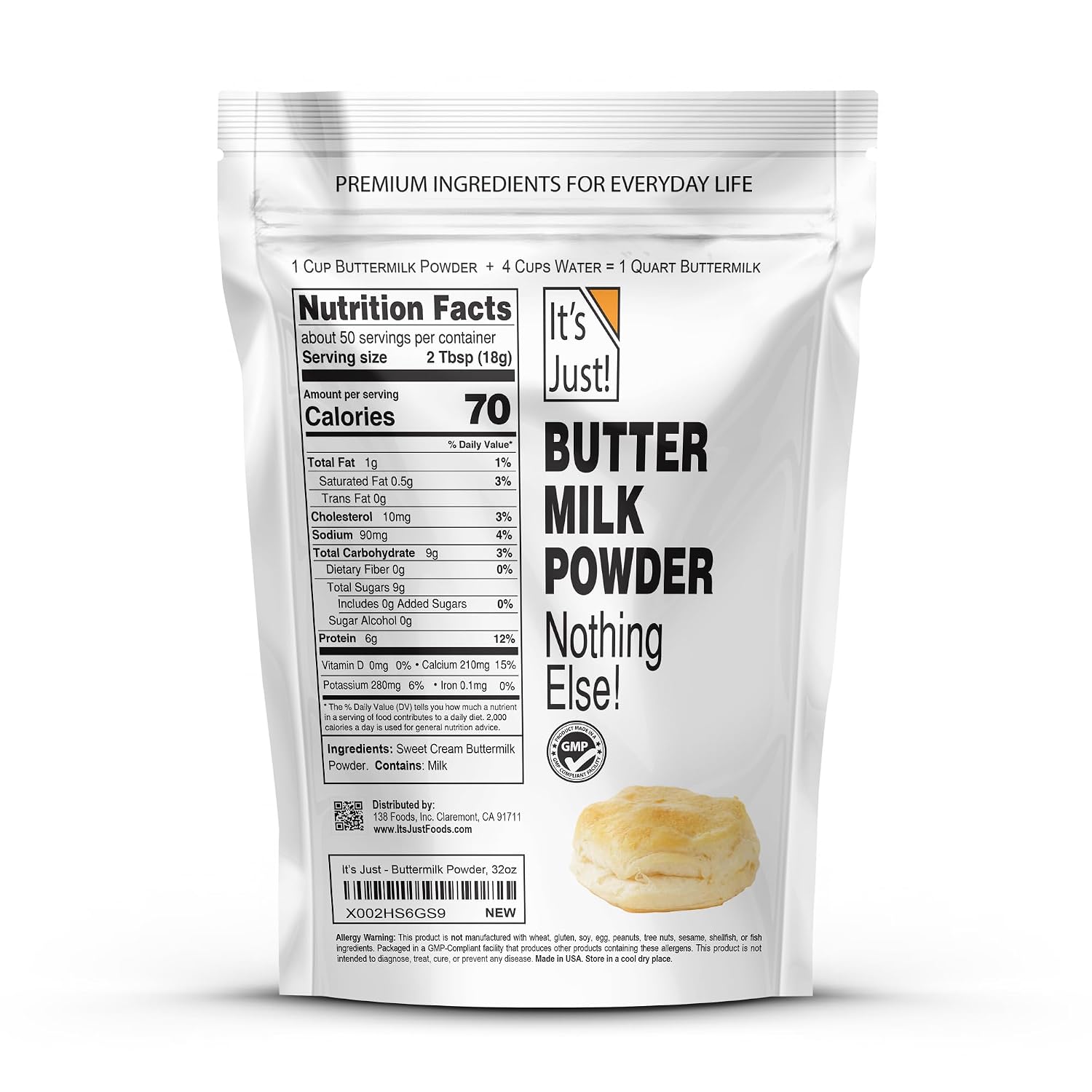 It's Just - Whole Milk Powder, 2lbs, rBST/rBGH Hormone Free, Shelf Stable, Just Add Water, Made in USA, Dry Milk Powder, 32oz