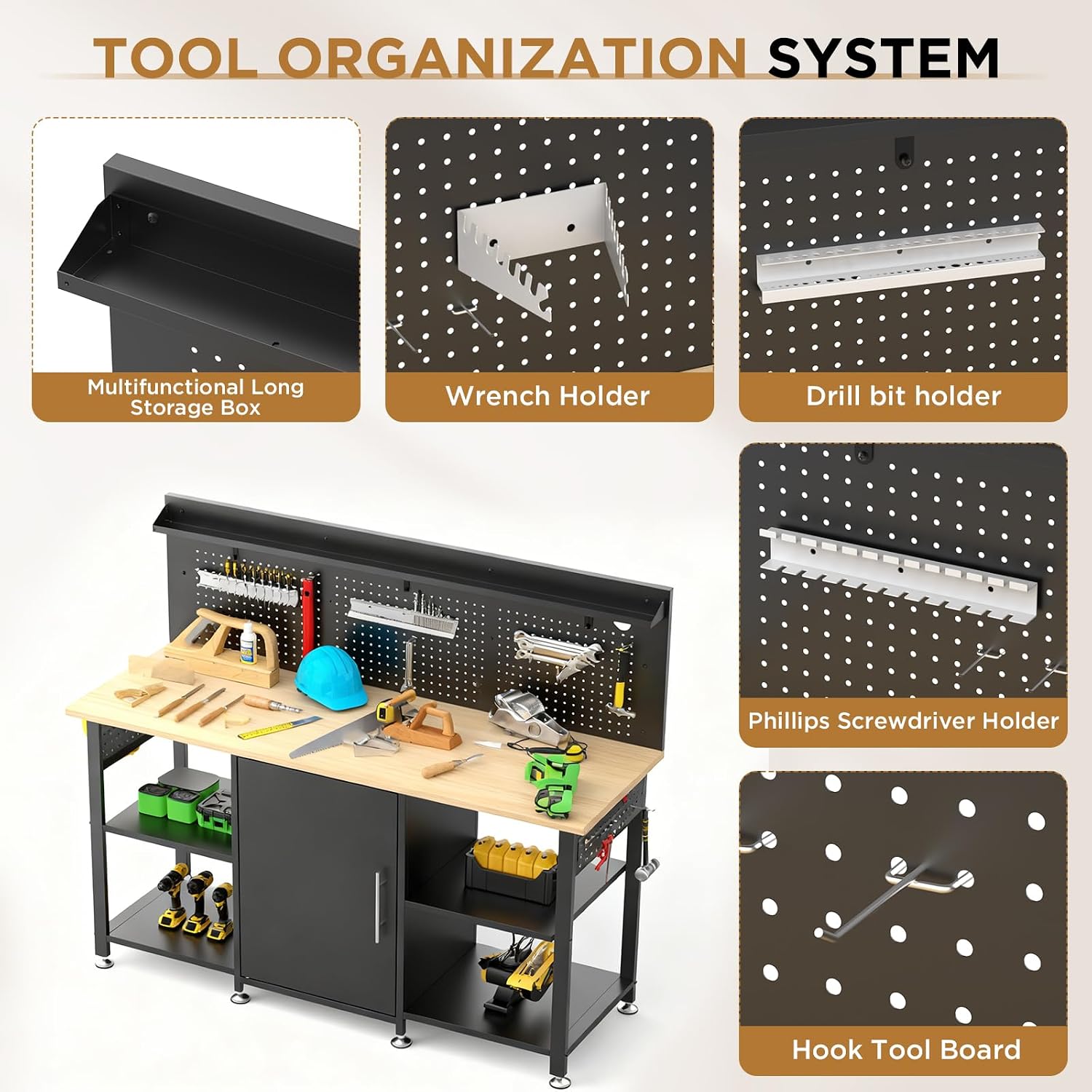 60 Inch Heavy Duty Workbench with Storage Cabinet, Wooden Top, 2000 lbs Capacity, Garage Work Table with Pegboard, Power Outlet, Leveling Feet, Black