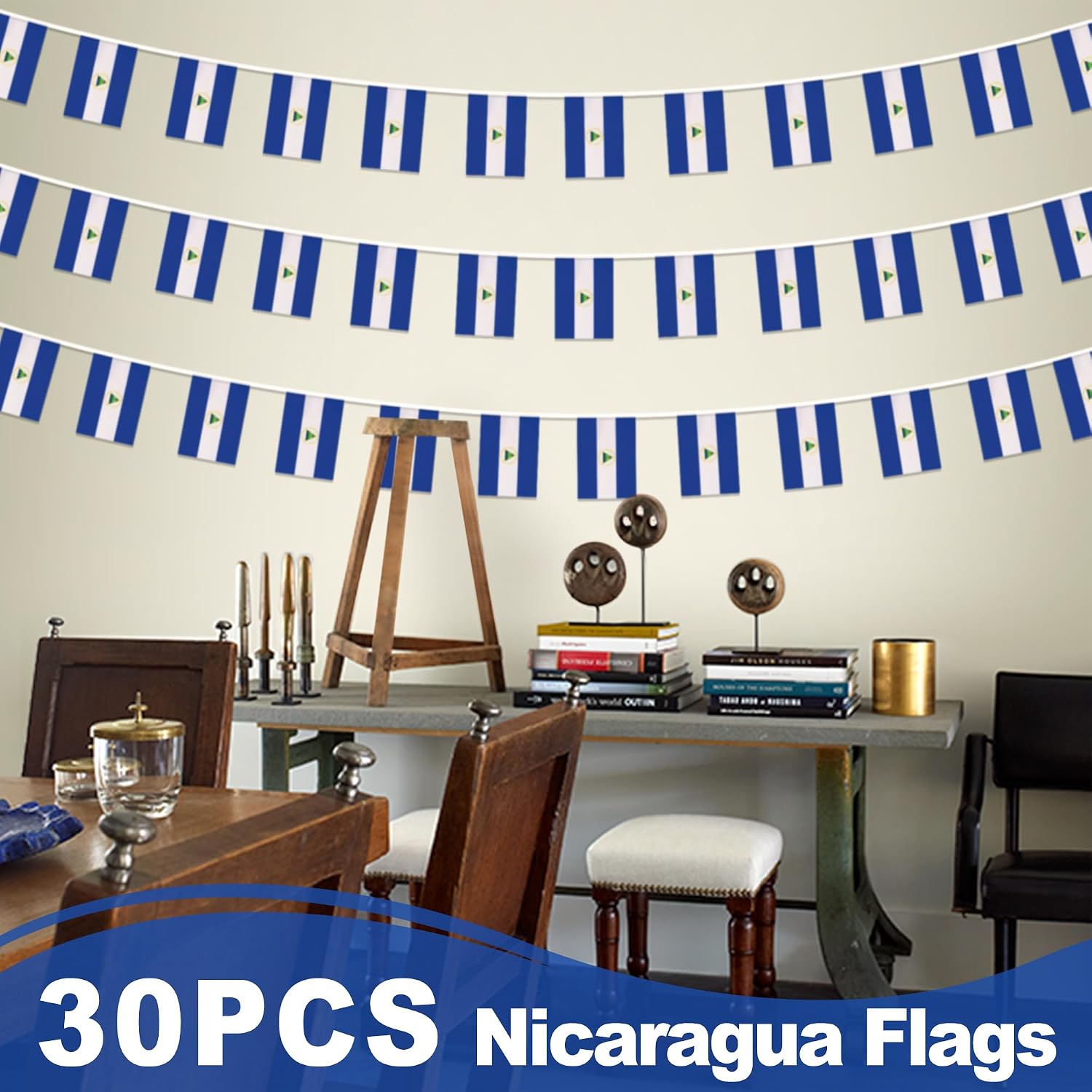 Nicaragua String Flag Pennant Banner, Small Mini Nicaraguan Flags Bunting Banner, National Country Decoration for School, Party, Sports Events, Patriotic Festival, 33 Feet 30 Flags