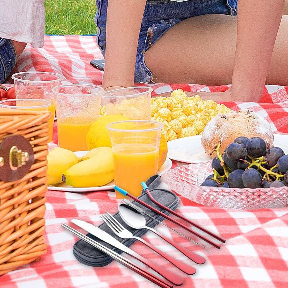 Travel Utensils Set with Case Reusable Portable Cutlery Set Stainless Steel 8pcs Including Dinner Knife Fork Spoon Chopsticks Straws(Rainbow)