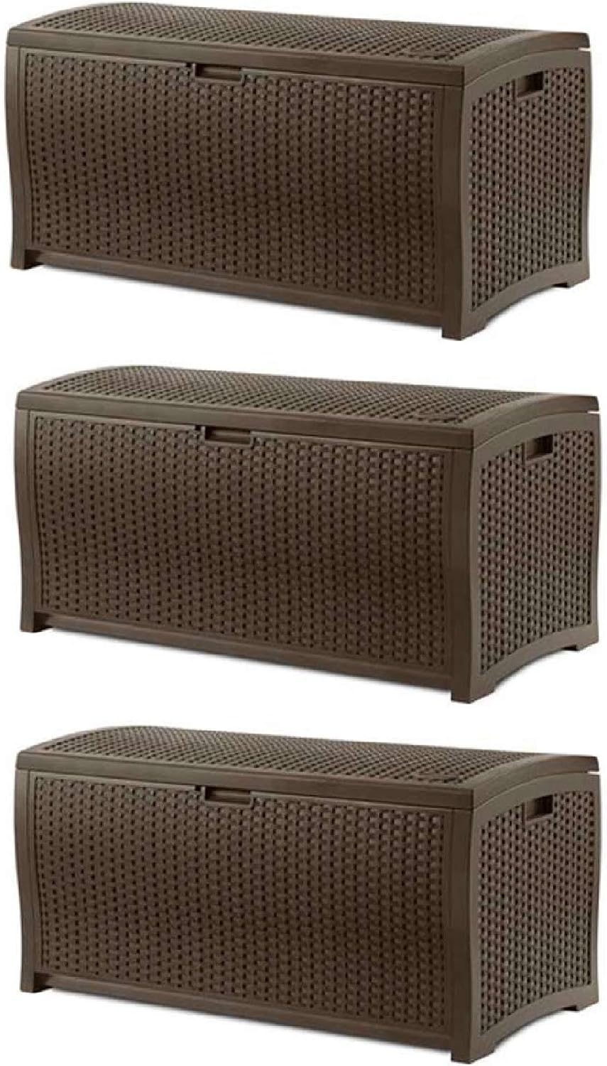Suncast Outdoor Storage Box - 73 Gallon Mocha Brown Deck Box for Patio, weather-resistant Outdoor Storage Bench, Resin Wicker Style, Heavy-Duty, Lockable Lid for Cushions, Shoes, Pool & Garden Gear