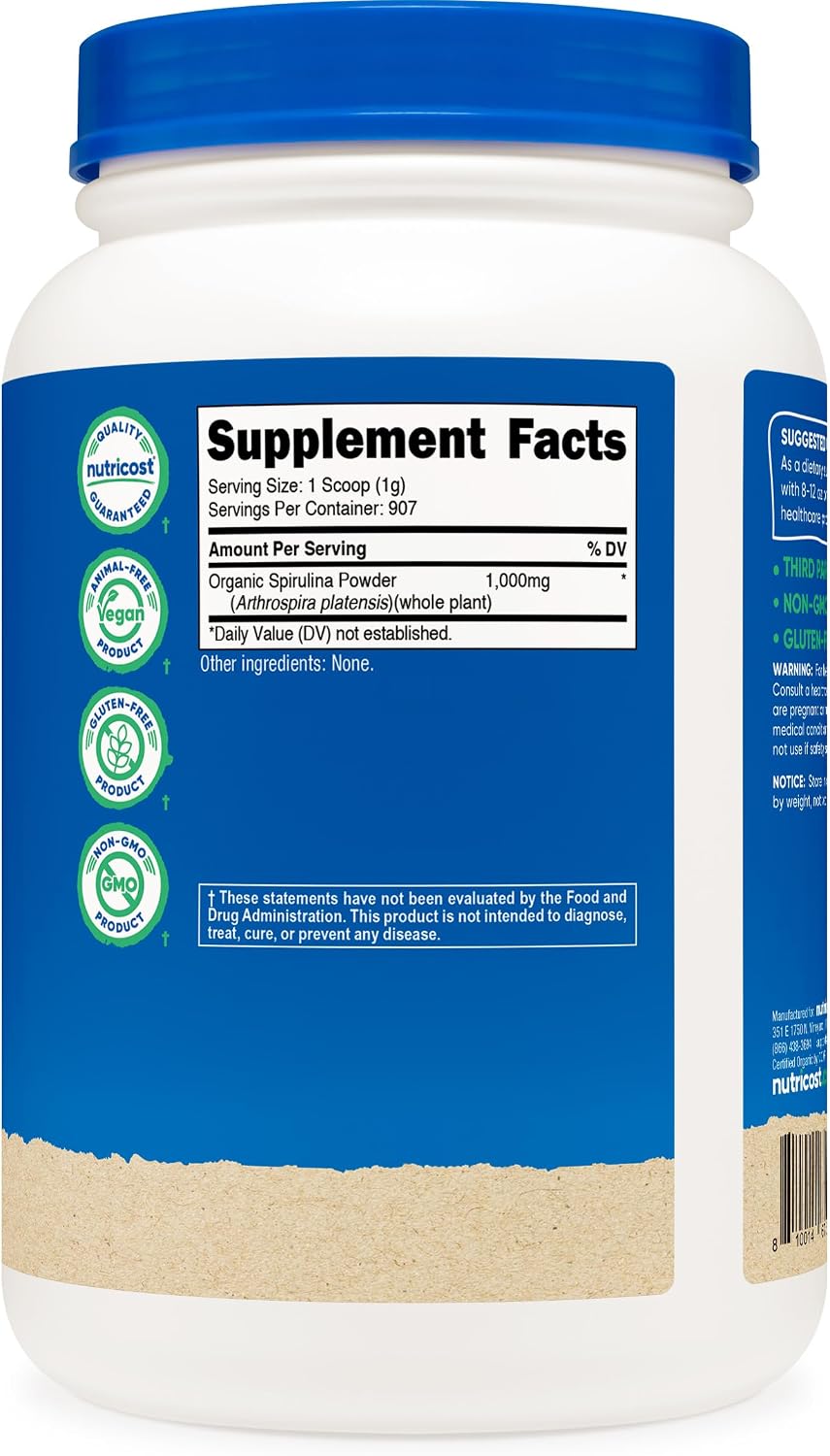 Nutricost Organic Spirulina Powder (1LB) 454 Grams, Pure, Vegan | Certified Organic Spirulina