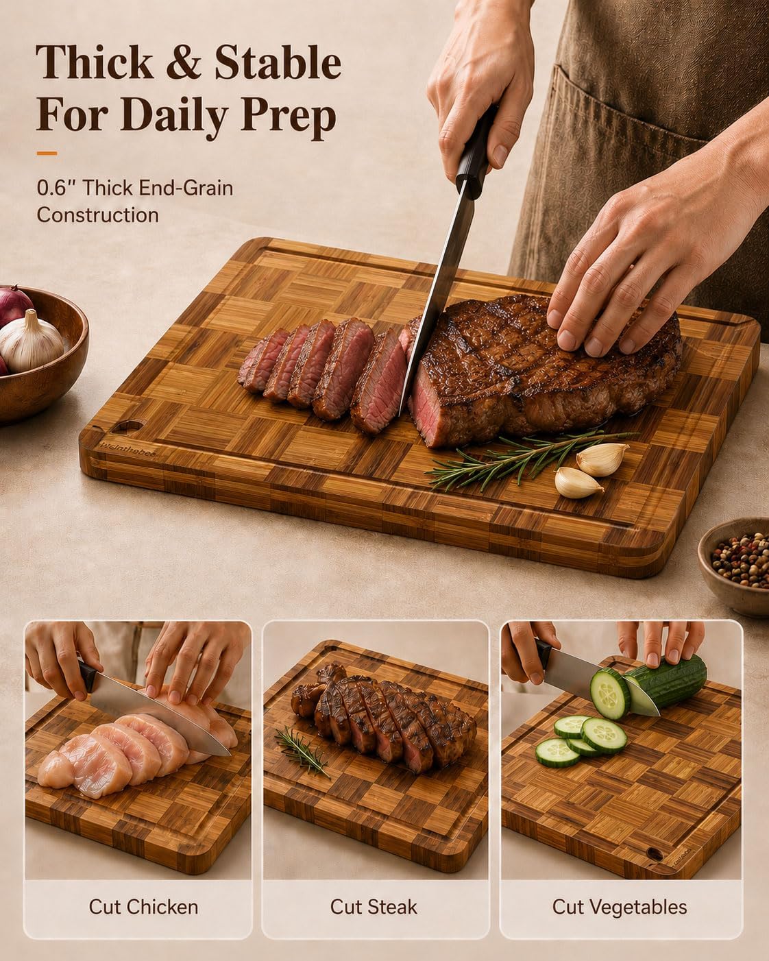 Cutting Boards for Kitchen, Wooden Chopping Board for Meat, Vegetables and Fruit, 18" x 12" XL Deep Carbonized Bamboo Board for Meal Prep, Serving, Daily Cooking and Kitchen Counter