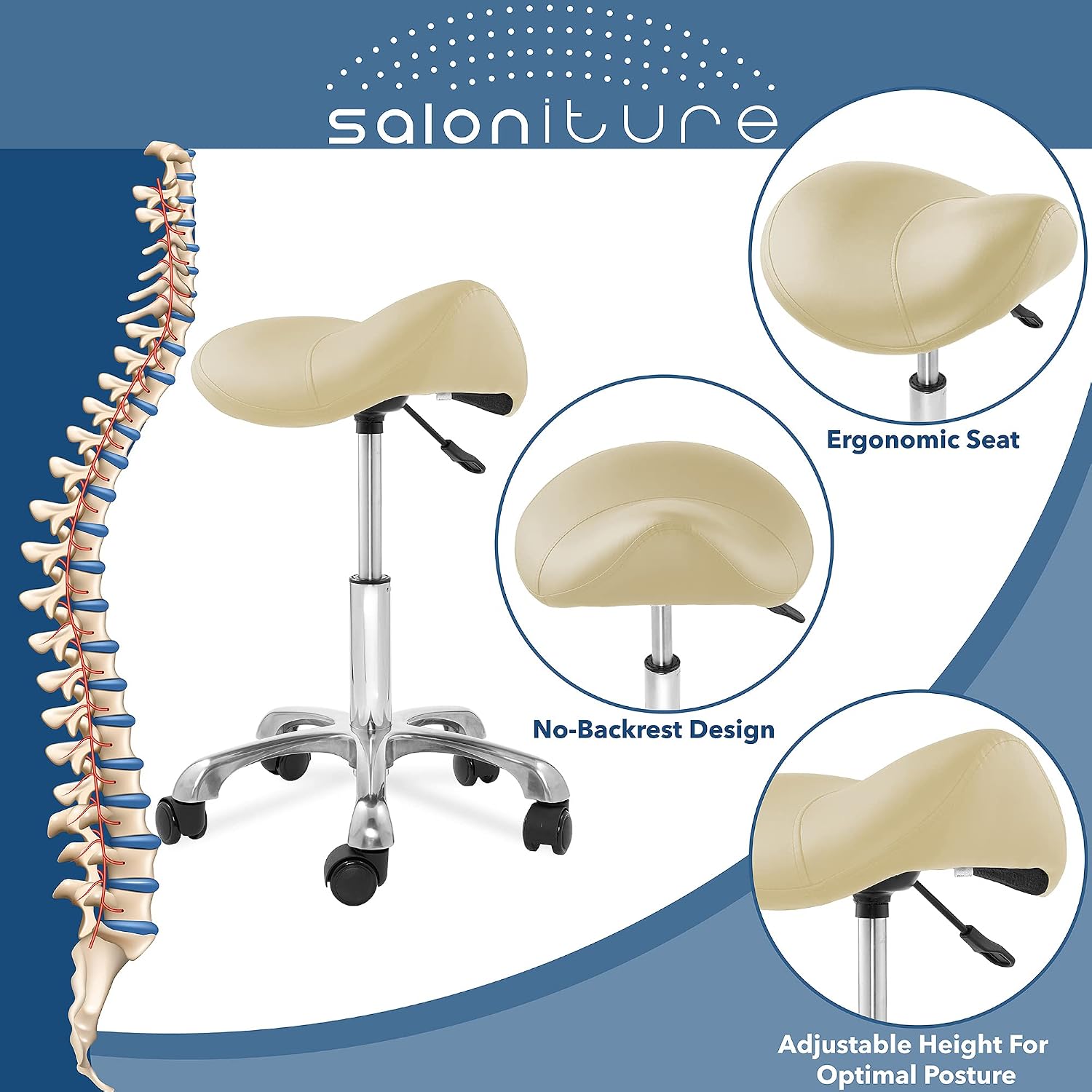 Saloniture Professional Ergonomic Saddle Stool, Black - Adjustable Hydraulic Seat, Rolling Spa Salon, Massage