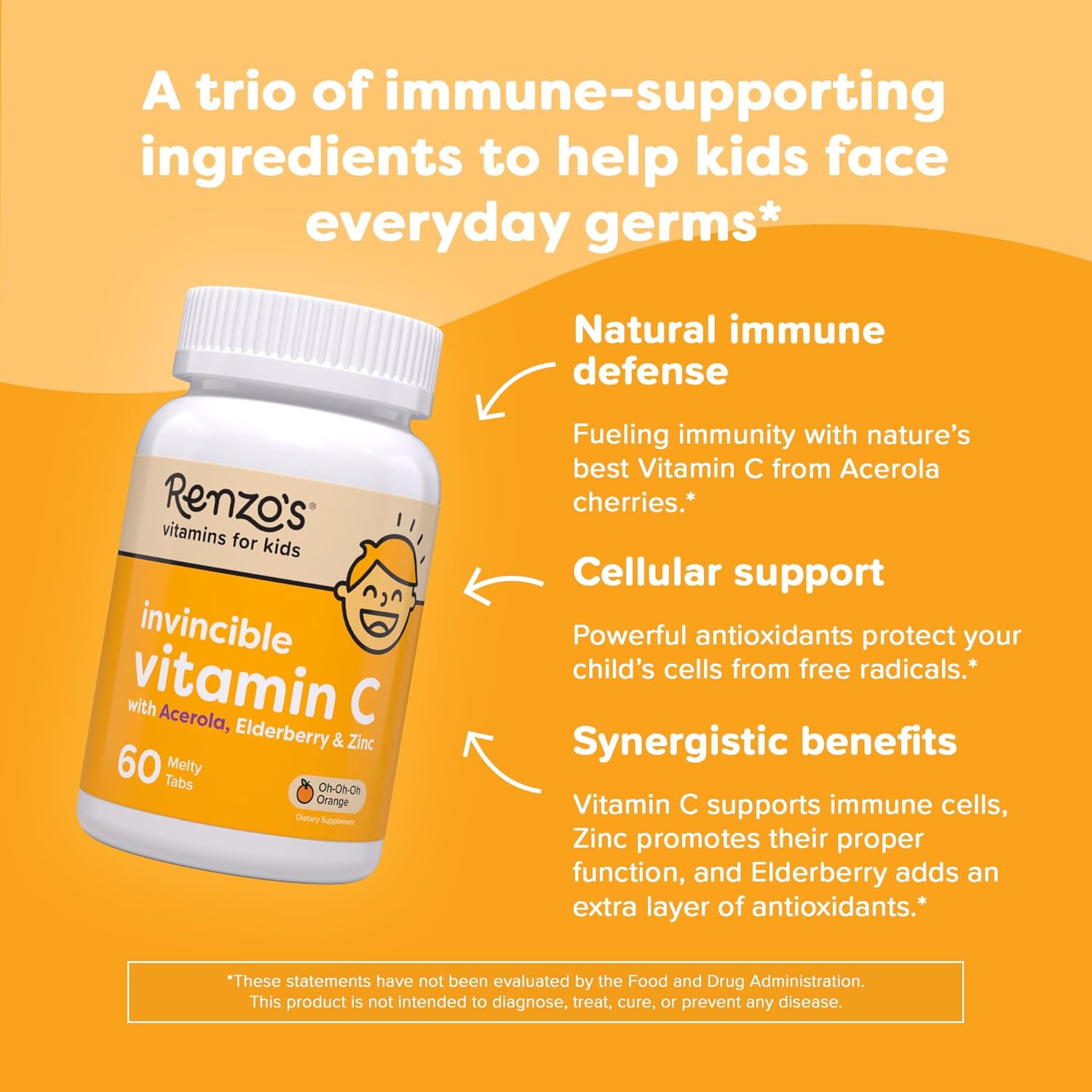 Renzo's Invincible Kids Vitamin C with Elderberry Vitamin C and Zinc, Dissolvable Kids Vitamins for Immune Support, Sugar-Free Melty Tabs