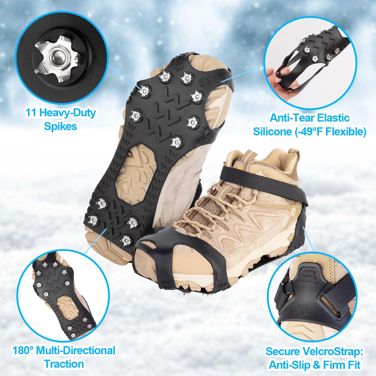 Ice Cleats for Shoes and Boots, Silicone Crampons, 11 Stainless Shoe Spikes for Snow and ice, Heavy Duty Traction for Hiking, Climbing &Mountaineering