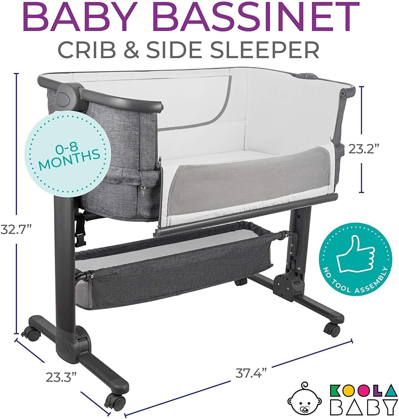 KoolerThings Baby Bassinet, Bedside Sleeper for Baby, Easy Folding Portable Crib with Storage Basket for Newborn, Bedside Bassinet