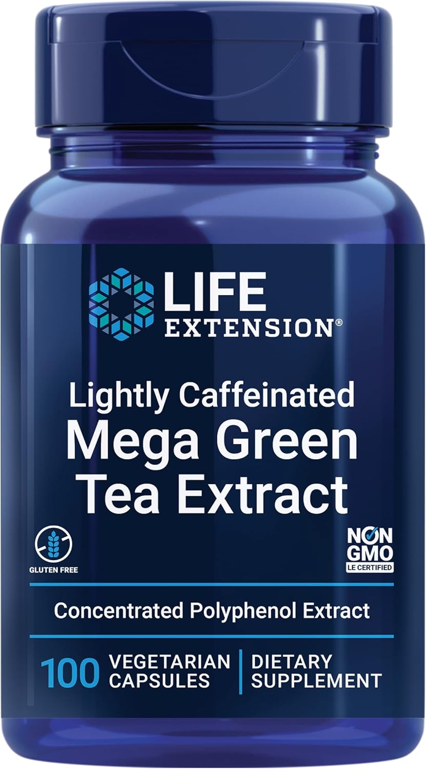 Life Extension Lightly Caffeinated Mega Green Tea Extract, Camellia sinensis Extract with Concentrated EGCG polyphenol Content, Gluten-Free, Non-GMO
