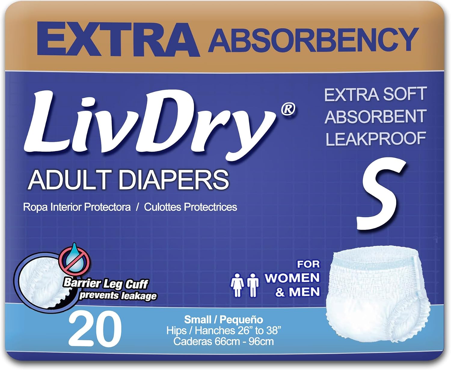 LivDry Adult Incontinence Underwear, Extra Absorbency Adult Diapers, Leak Protection, Large, 72-Pack