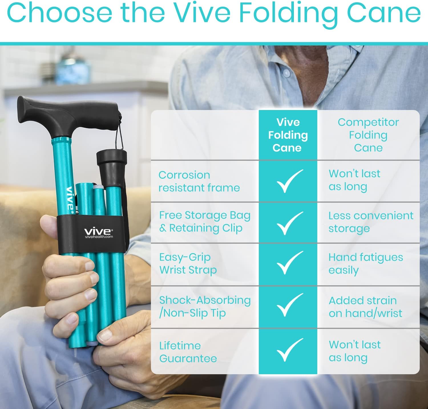 Vive Folding Cane - Foldable Walking Cane for Men, Women - Fold-up, Collapsible, Lightweight, Adjustable, Portable Hand Walking Stick - Balancing Mobility Aid - Sleek, Comfortable | Lightweight, Adjustable, Portable Hand Stick Balancing Mobility Aid Slee…