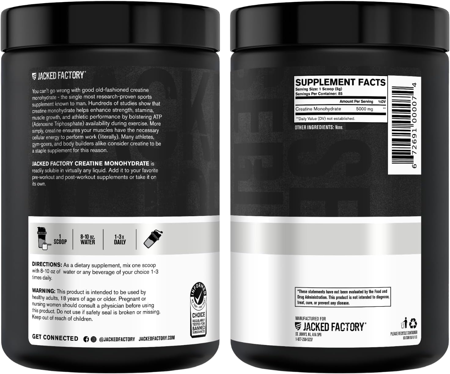Jacked Factory Creatine Monohydrate Powder 425g - 5g Daily Micronized Creatine Monohydrate for Men and Women, Vegan-Friendly