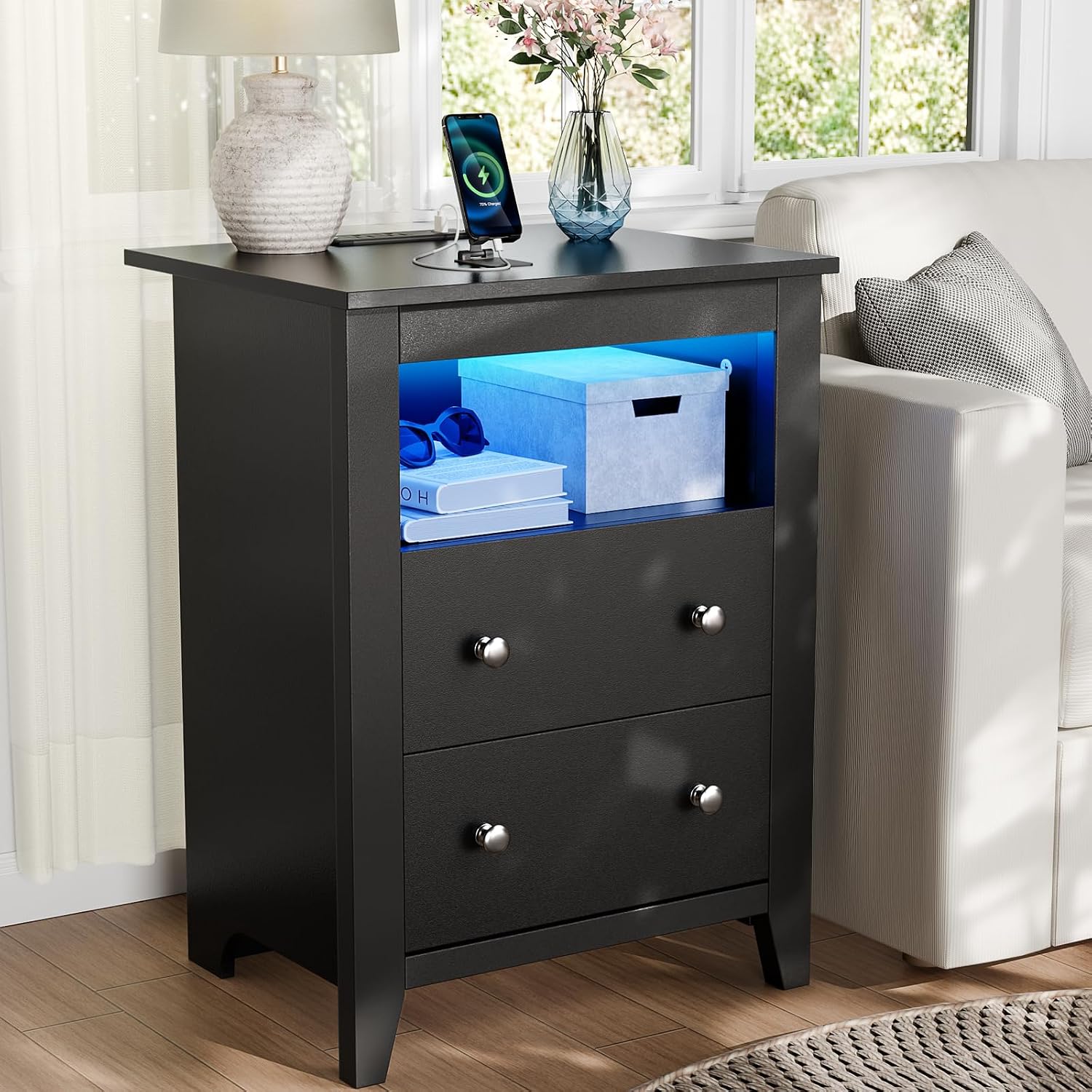 Black Nightstand with Gun Drawer, Night Stand with Charging Station & LED Lights, Bedside Table with Tray & 2 Drawers, End Side Table with Hidden Compartment for Valuables Storage
