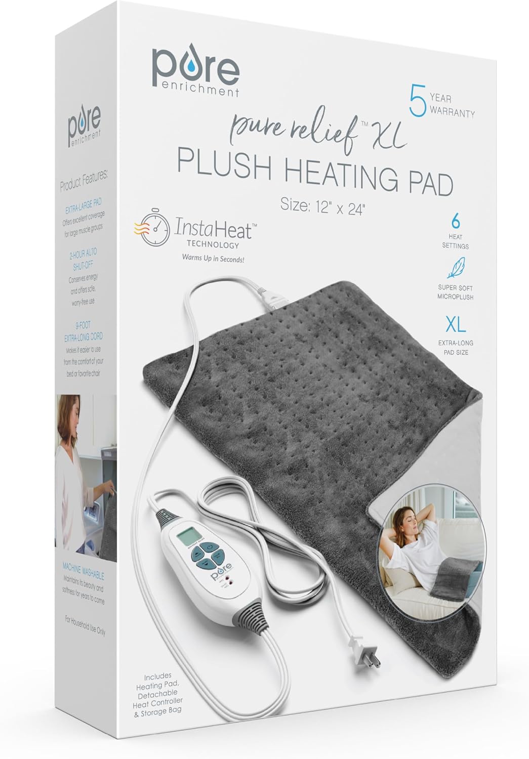 Pure Enrichment® PureRelief® XL Heating Pad - 12" x 24" Electric Heating Pad for Back Pain & Cramps, 6 Heat Settings, Soft Machine Wash Fabric, Auto-Off & Moist Heat (Charcoal Gray)