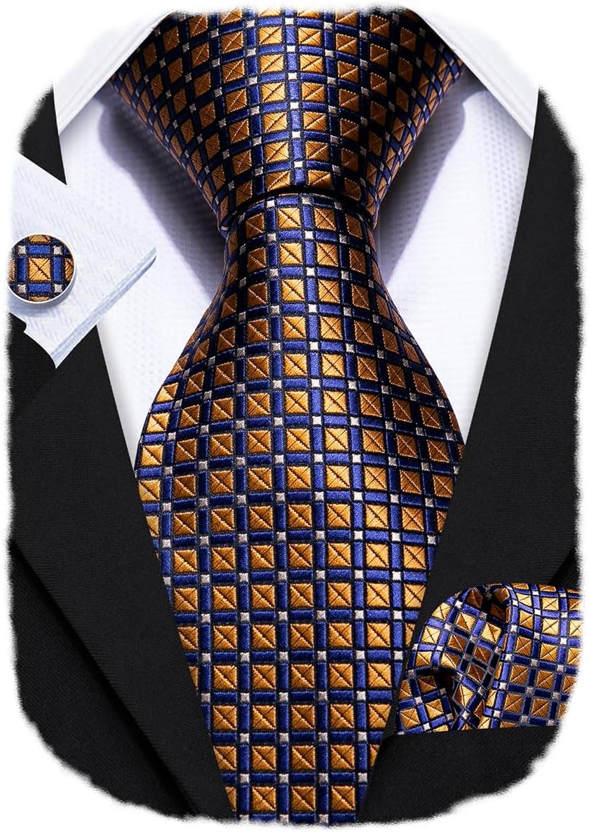 Barry.Wang Plaid Ties for Men Silk Necktie Handkerchief Cuff Links Set