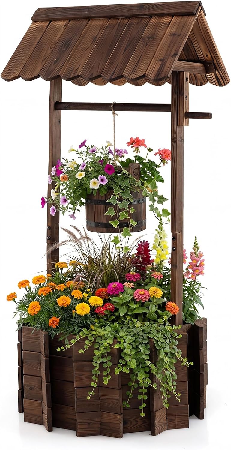 Giantex Wooden Wishing Well Planter with Hanging Bucket, Carbonized Fir Wood Outdoor Garden Planter for Flowers