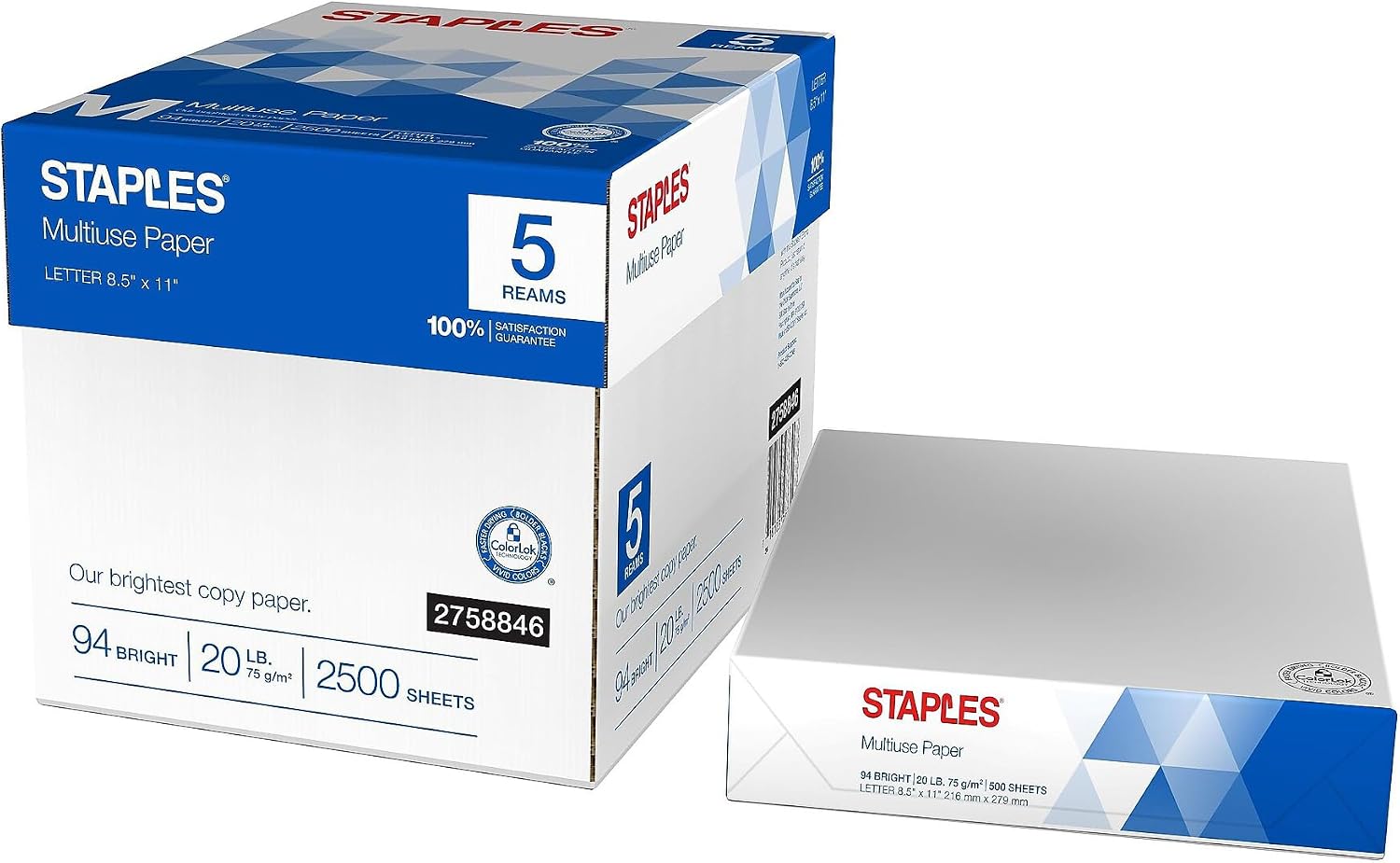 Staples Multipurpose Copy Paper, 8.5x11, 20lb, 94 Bright, 10 Reams/Carton | 5,000 white sheets total. Smooth finish reduces jams in copiers, laser & inkjet printers.