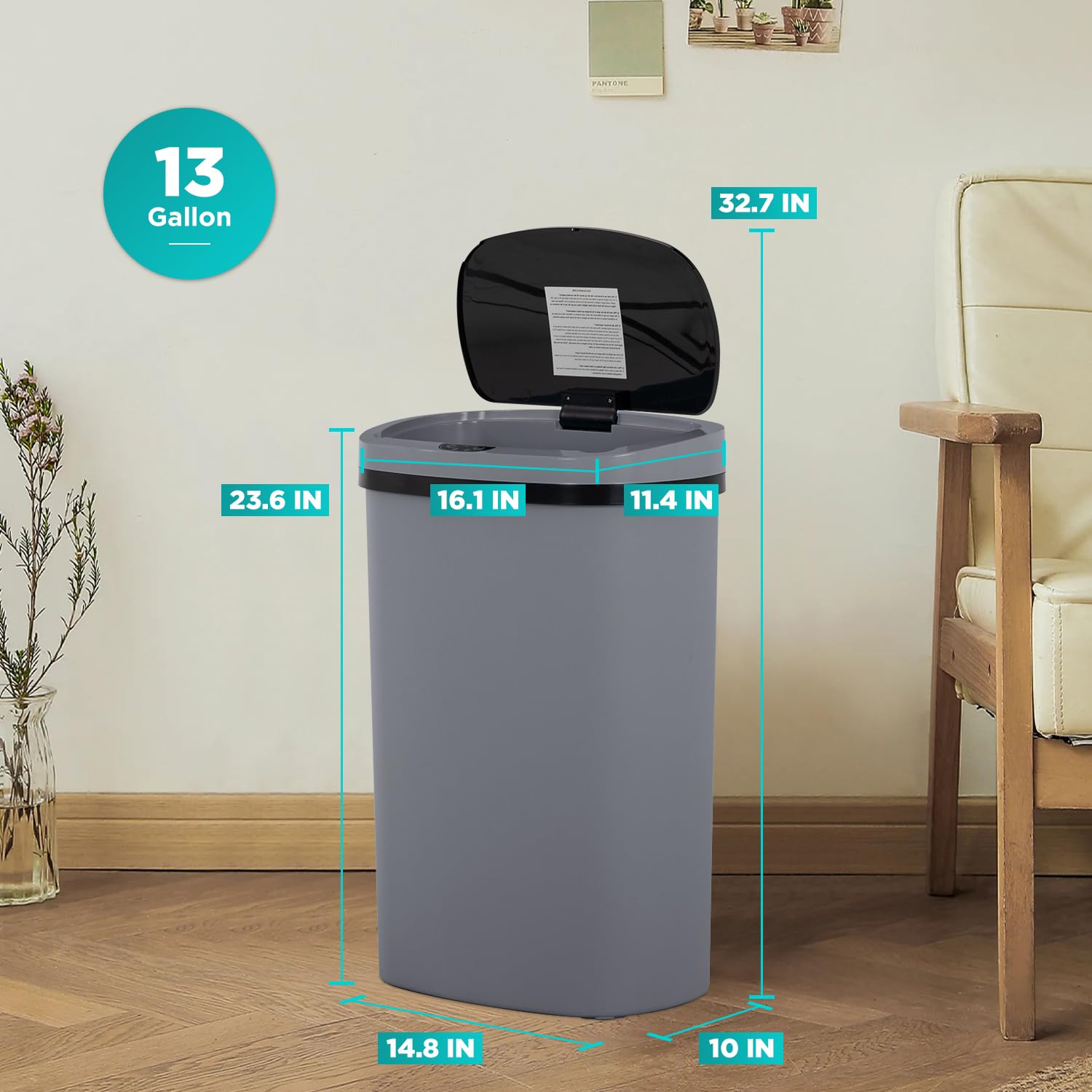 BestOffice | 13 Gallon Stainless Steel Trash Can with Lid | Steel | Automatic Touchless Garbage Can | Odor Control | Modern Oval Design | Easy to Clean | For Kitchen, Bathroom, Office or Home