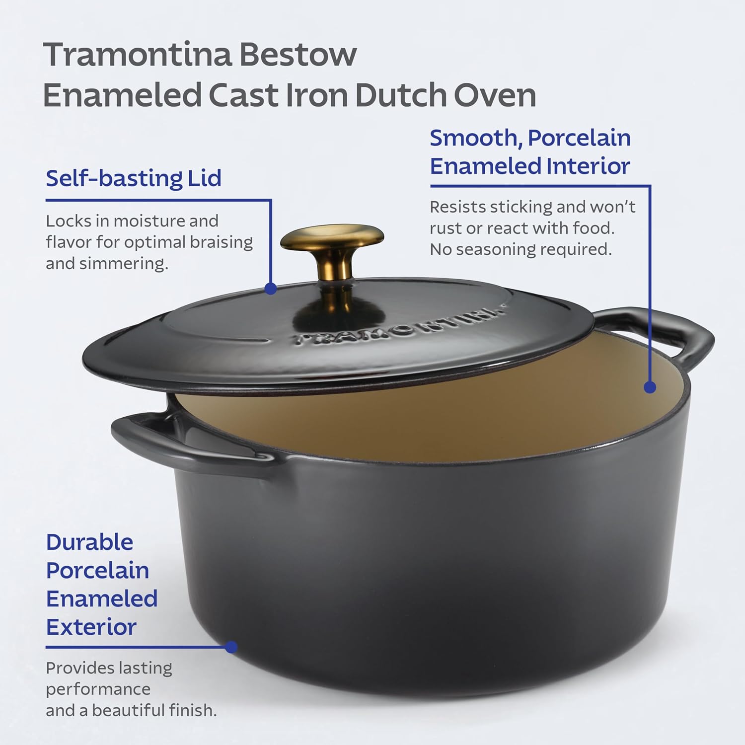 Tramontina Bestow Enameled Cast Iron 4-Qt Braiser Pan with Lid, Blue | Oven-to-Table Casserole Dish, Great for Shallow Braises & Simmers