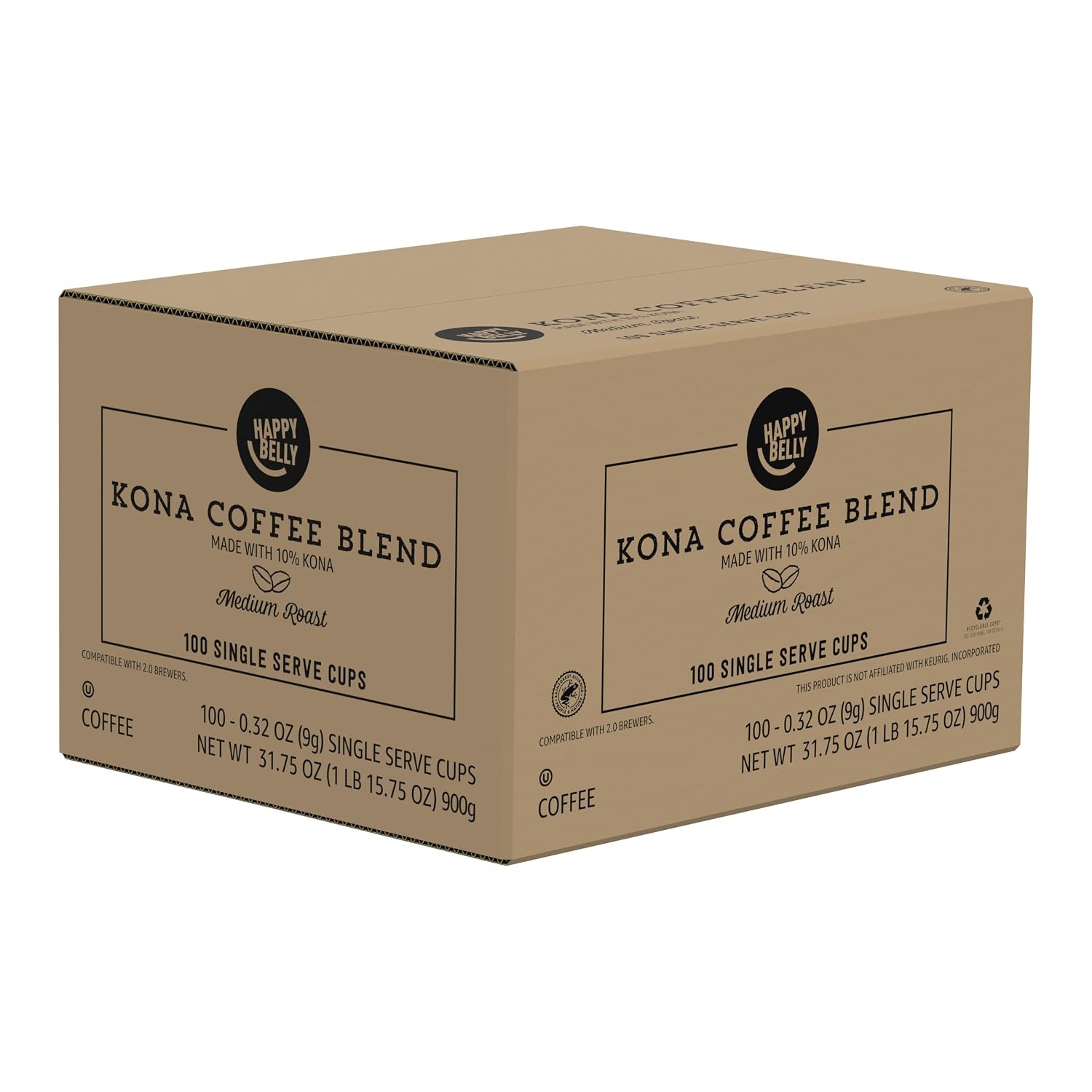 Happy Belly an Amazon Brand -Medium Roast Coffee Pods, Kona Blend, Compatible with Keurig 2.0 K-Cup Brewers, 100 Count