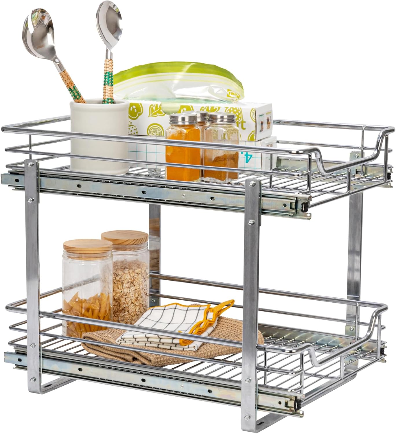 Household Essentials Glidez 2‑Tier Multipurpose Chrome‑Plated Steel Pull‑Out/Slide‑Out Under Cabinet Organizer, Chrome Finish