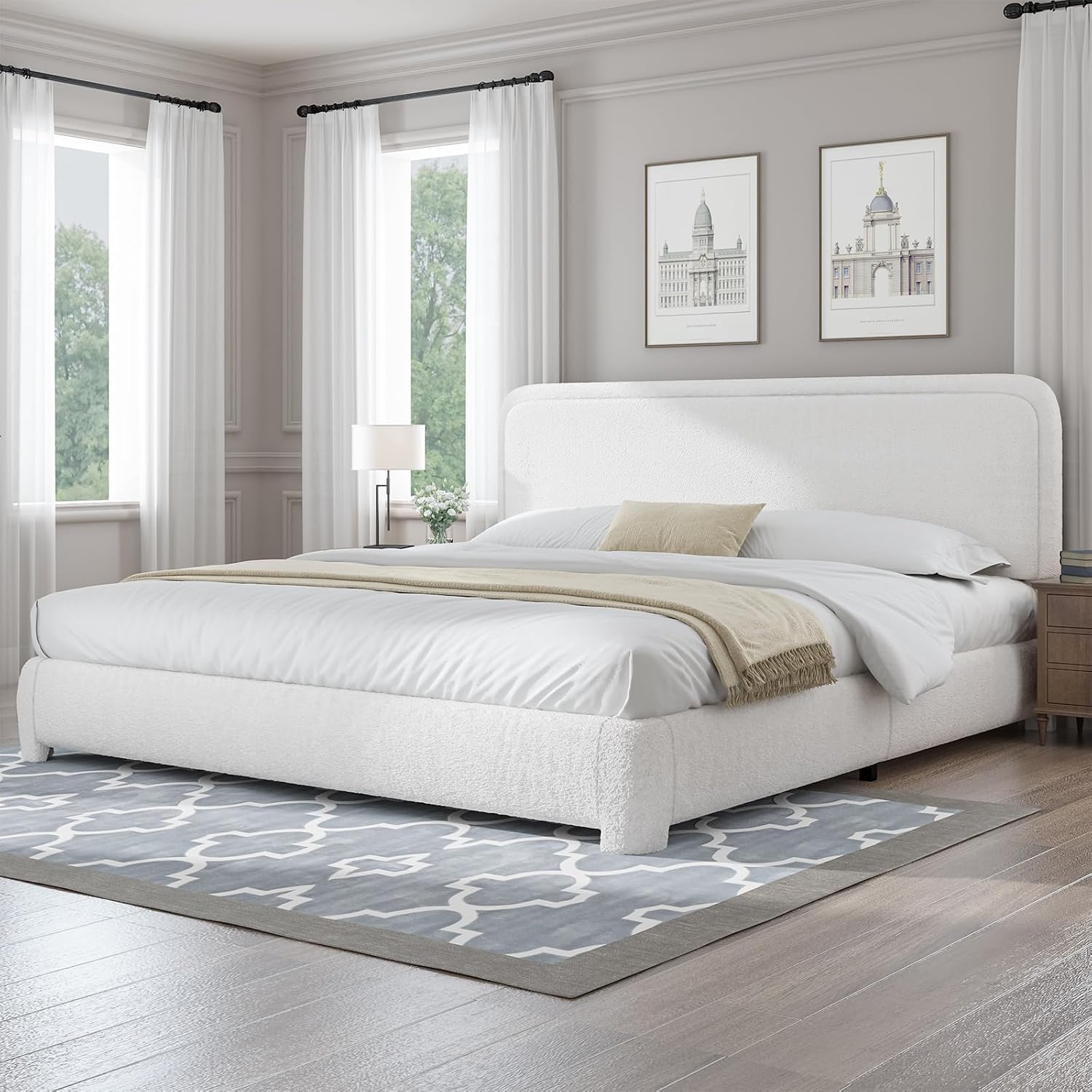 BarnFurin Full Bed Frame, Cloud Boucle Headboard, Rounded Corners, White | Soft boucle and rounded edges create a low-profile cloud look. Wooden slats support the mattress without a box spring