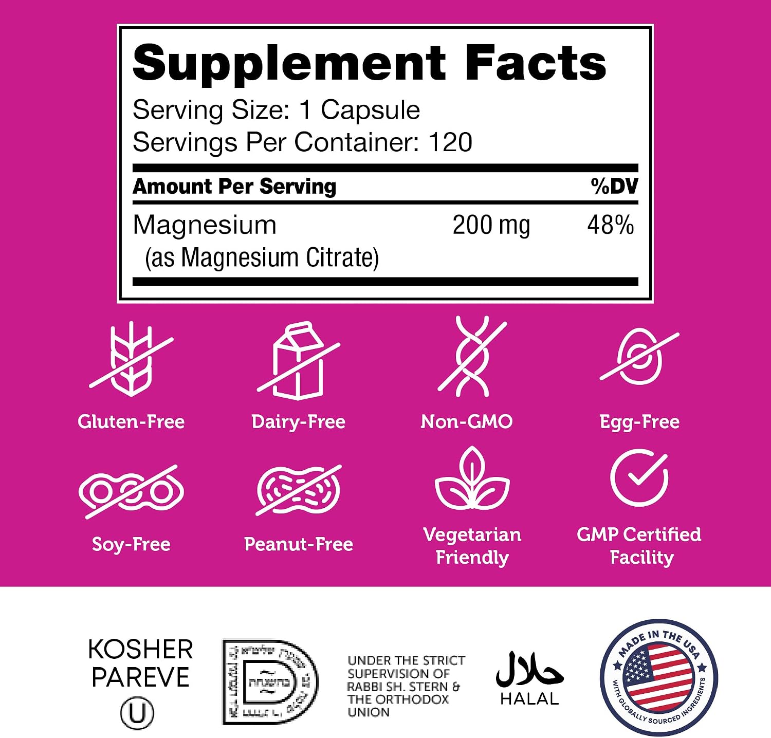Zahler - Magnesium Supplement Capsules 200 mg (120 Count) Certified Kosher Bioactive Magnesium Citrate for Max Absorption - Natural Magnesium Mineral for Men & Women - Best Magnesium Supplements
