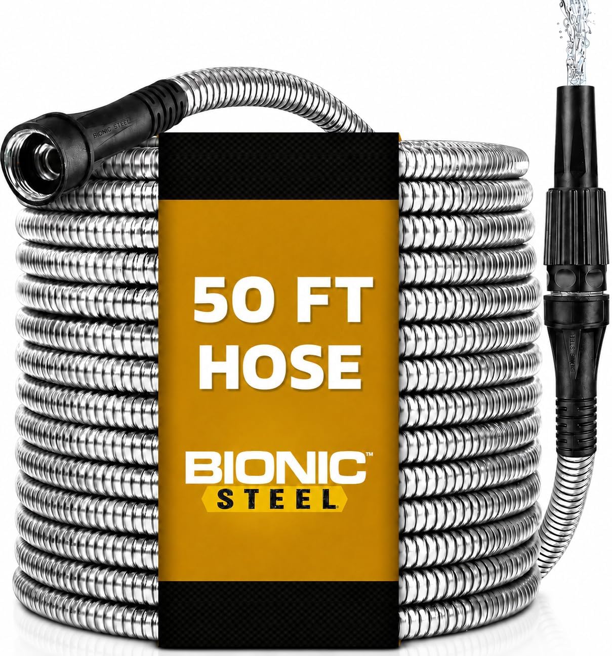 BIONIC STEEL 50 Ft Metal Garden Hose with Sprayer Nozzle | Non Kinking Design, Stainless Steel Heavy Duty Water Hose 50Ft x 5/8 in. Flexible & NON Expandable for Water Flow, 500 PSI