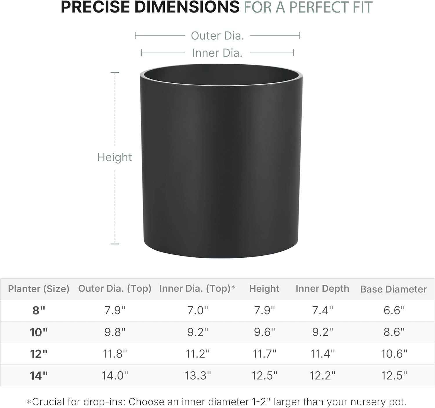 FaithLand 14 Inch Fiberstone Planter - Lightweight Modern Cylinder Plant Pot with Drainage Hole & Plug, Indoor Outdoor Use, Matte White