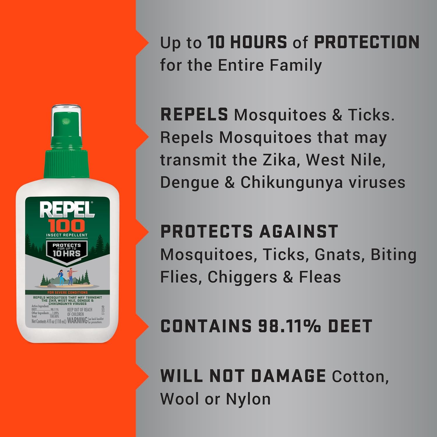 Repel 100 Insect Repellent, 4 Ounces, with DEET, 10-Hour Protection Long-Lasting Insect Repellent Pump Spray Repels Mosquitoes, Ticks, Gnats