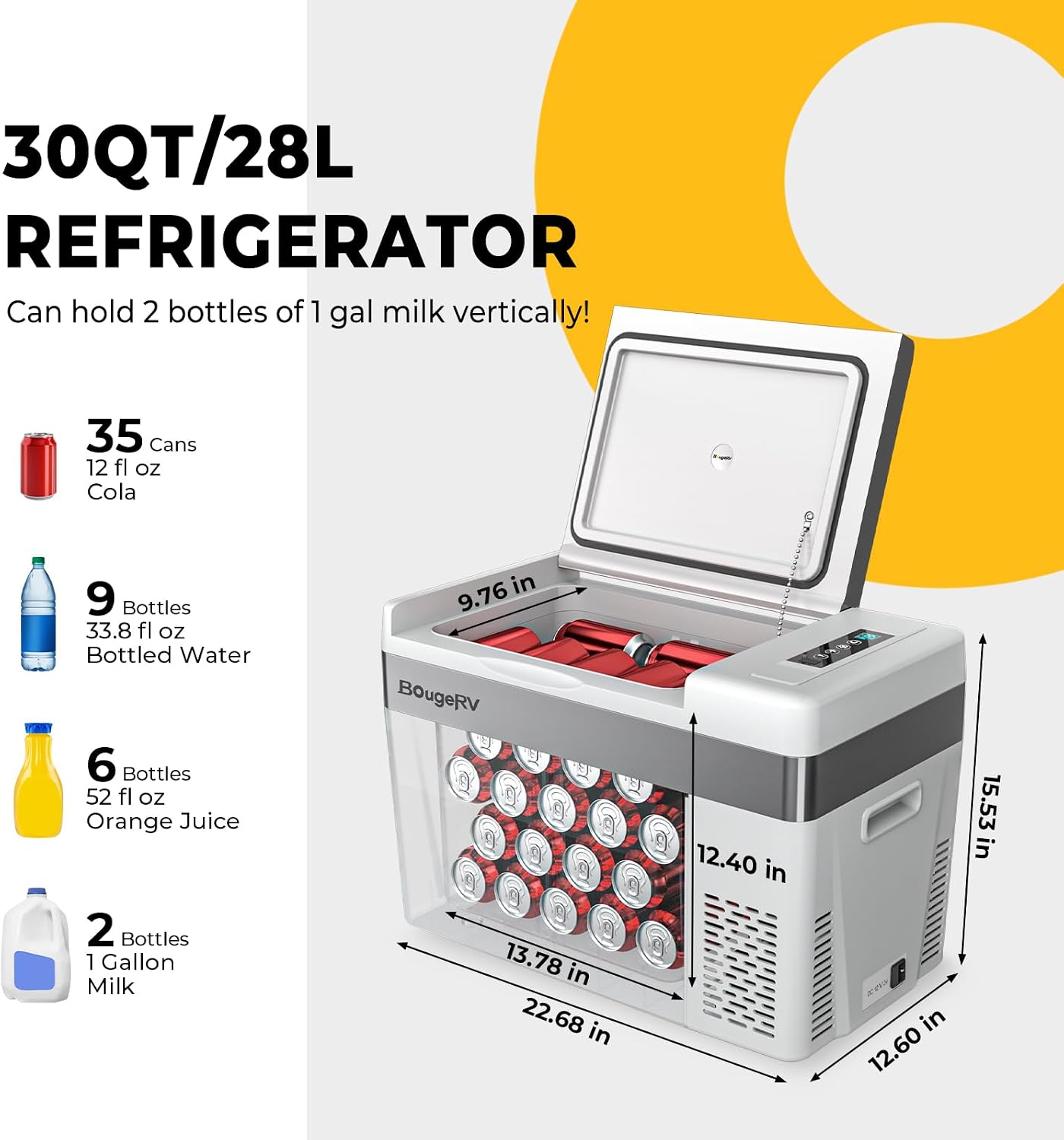 BougeRV 12v refrigerator 23 Quart, -8℉~50℉ Portable Freezer for Car, Grey