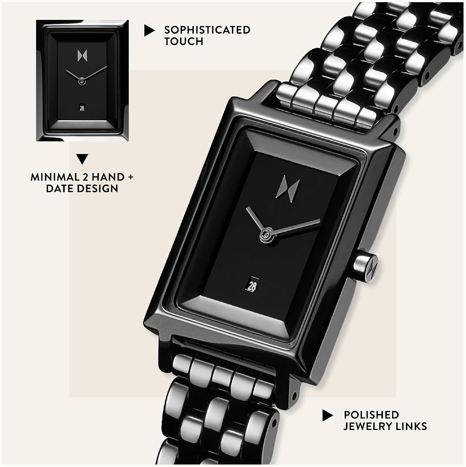 MVMT Signature Square Women's Watch 2 Hand Analog Quartz Stainless Steel Case and Bracelet Water Resistance Premium Minimalist Design for Her 24mm