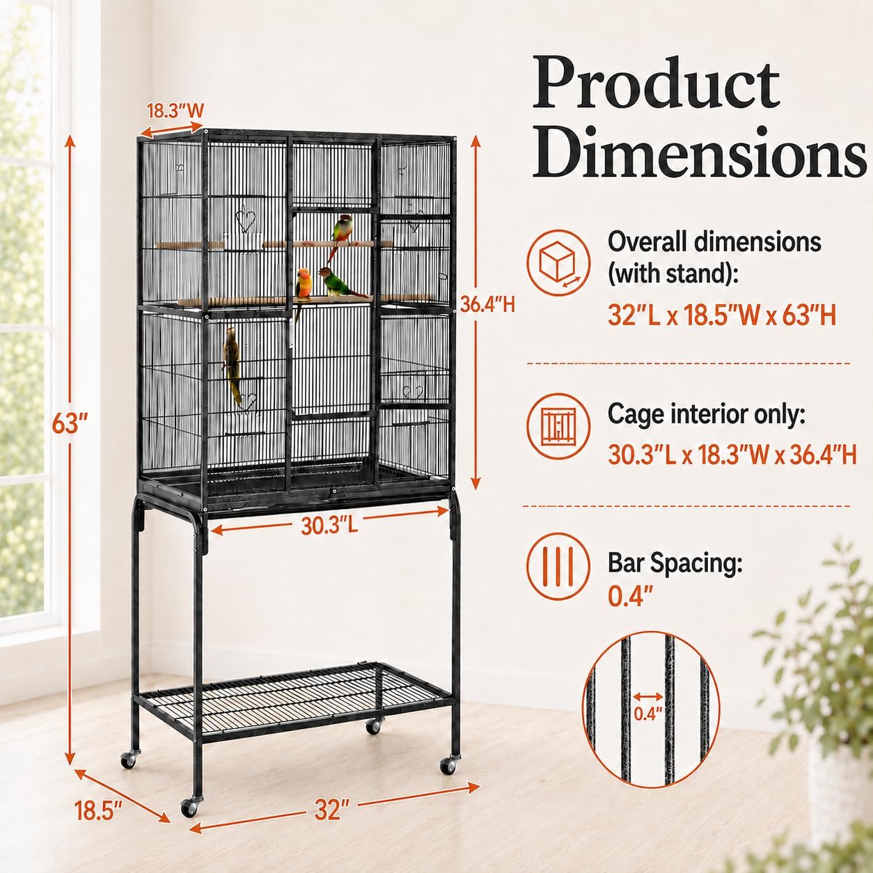 Yaheetech 63-Inch Wrought Iron Rolling Large Bird Cage for African Grey Small Quaker Amazon Parrots Canary Bird Flight Cage