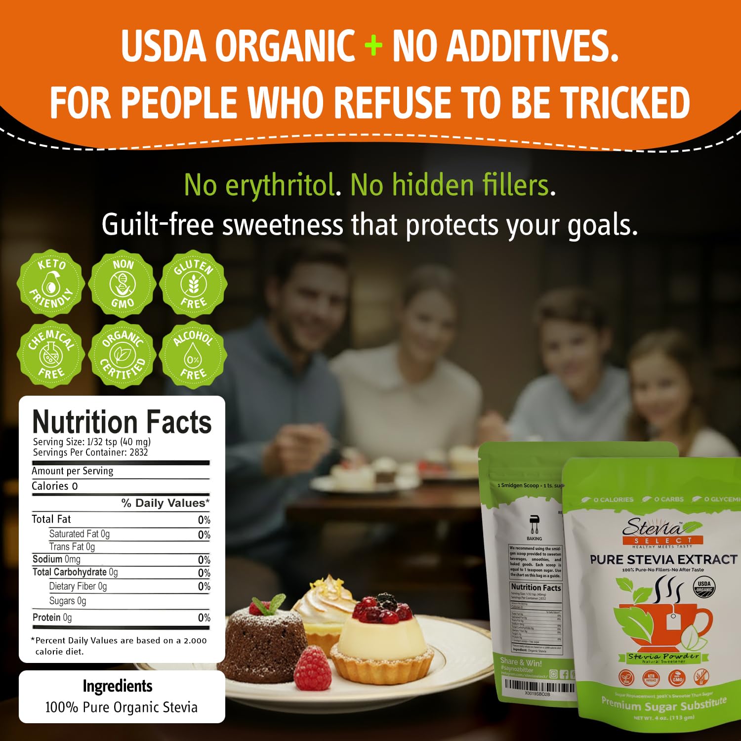Stevia Select Organic Stevia Powder 1.25oz - Sugar Free Plant Based Pure Stevia Sweetener Stevia Extract Keto Sugar Substitute No Additives Zero Calorie