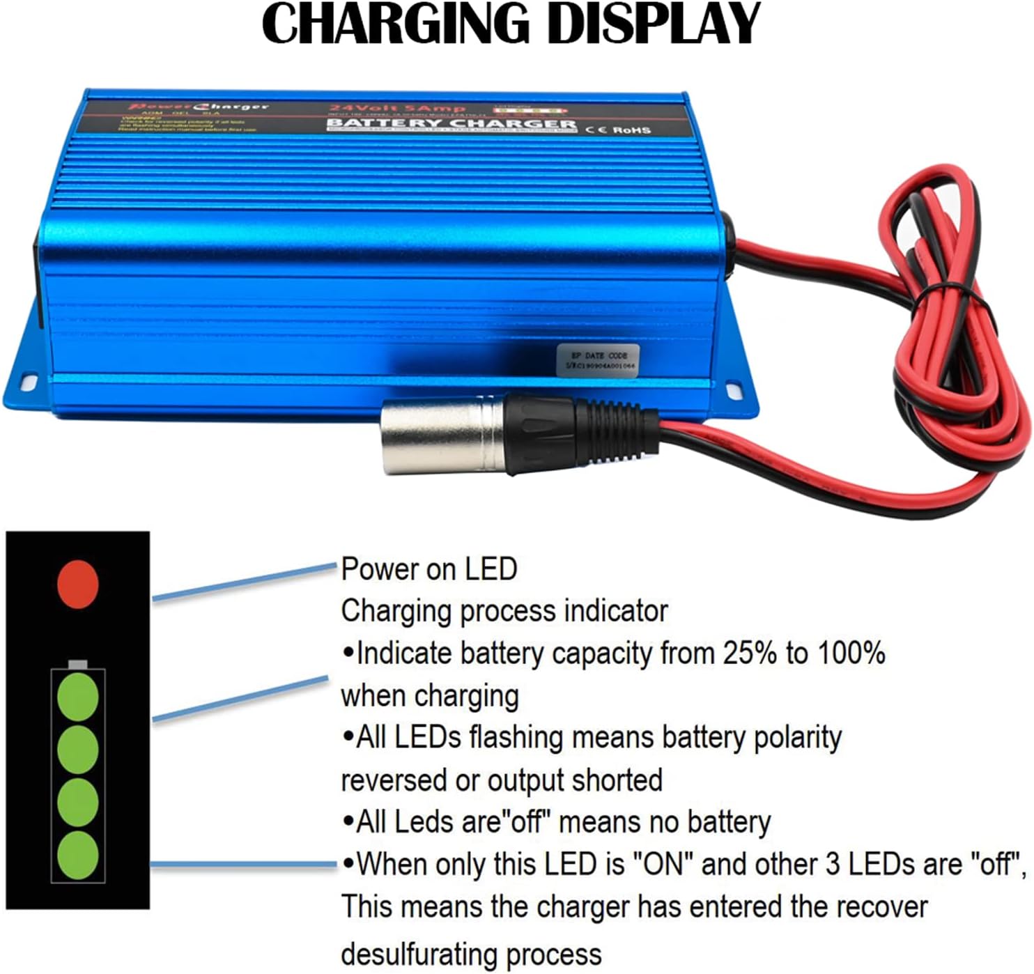 Unocho 24V 5A Battery Charger Maintainer 4-Stage Smart Lead-Acid Charger with 3-Pin XLR Connector Power Switch and LED Display for Wheelchairs Mobility Scooters AGM Gel SLA VRLA