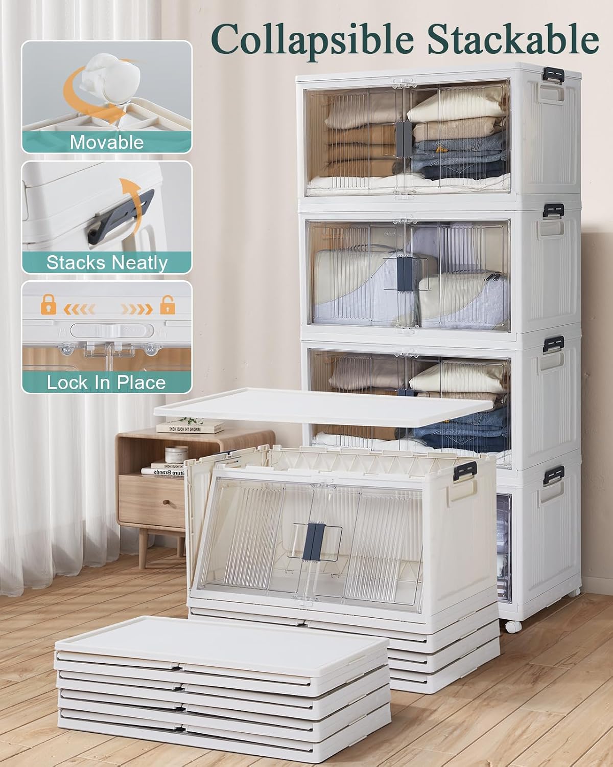 OlarHike 144QT Storage Bins with Lids for Closets, Office, Dorm, 3 Pack | Multi-Lid, Lockable Cabinet, Doors & Wheels, Foldable & Collapsible, Stackable Organizers, Plastic Drawers, School, Game Day