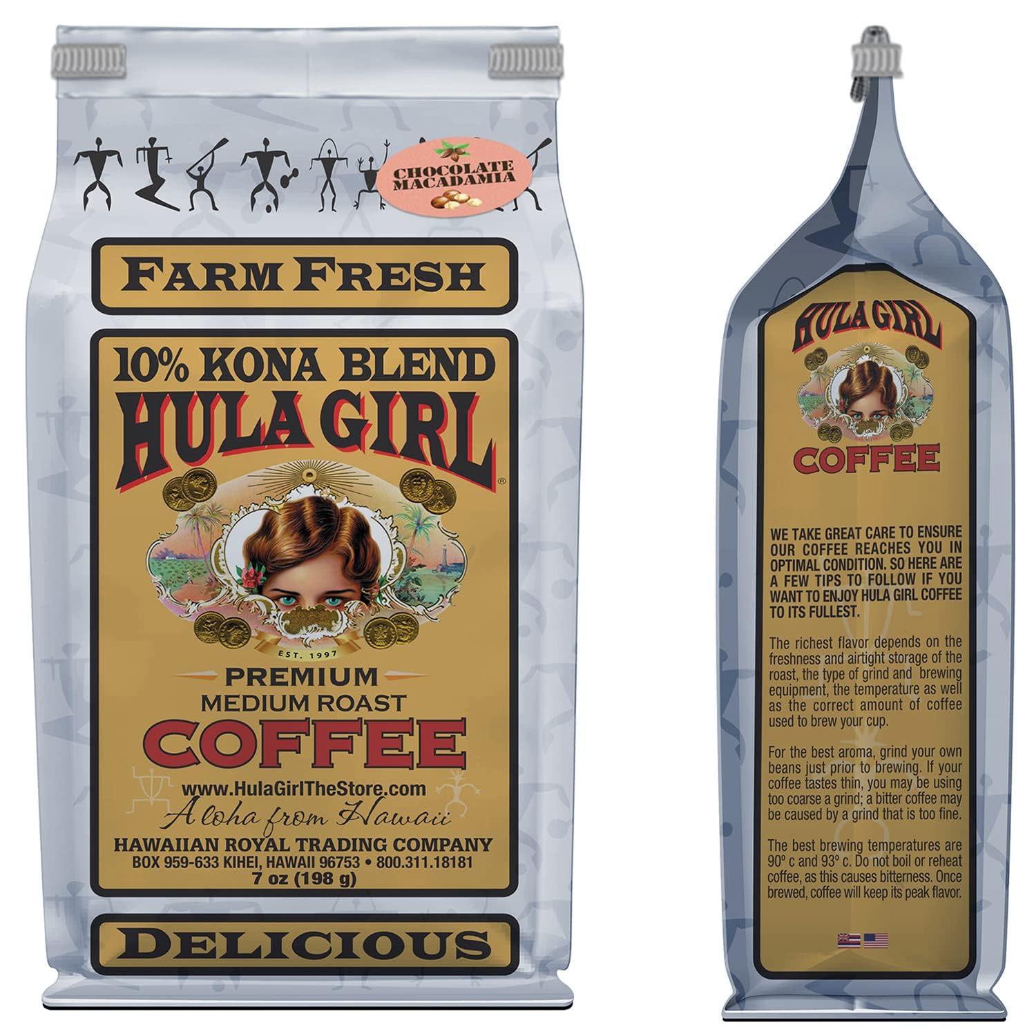 Hula Girl 10% Kona Ground Coffee, Grown in Hawaii, Hand Picked, Sun Dried, Fresh Roasted and Packed in Hawaii for 30 years, 7 Ounce