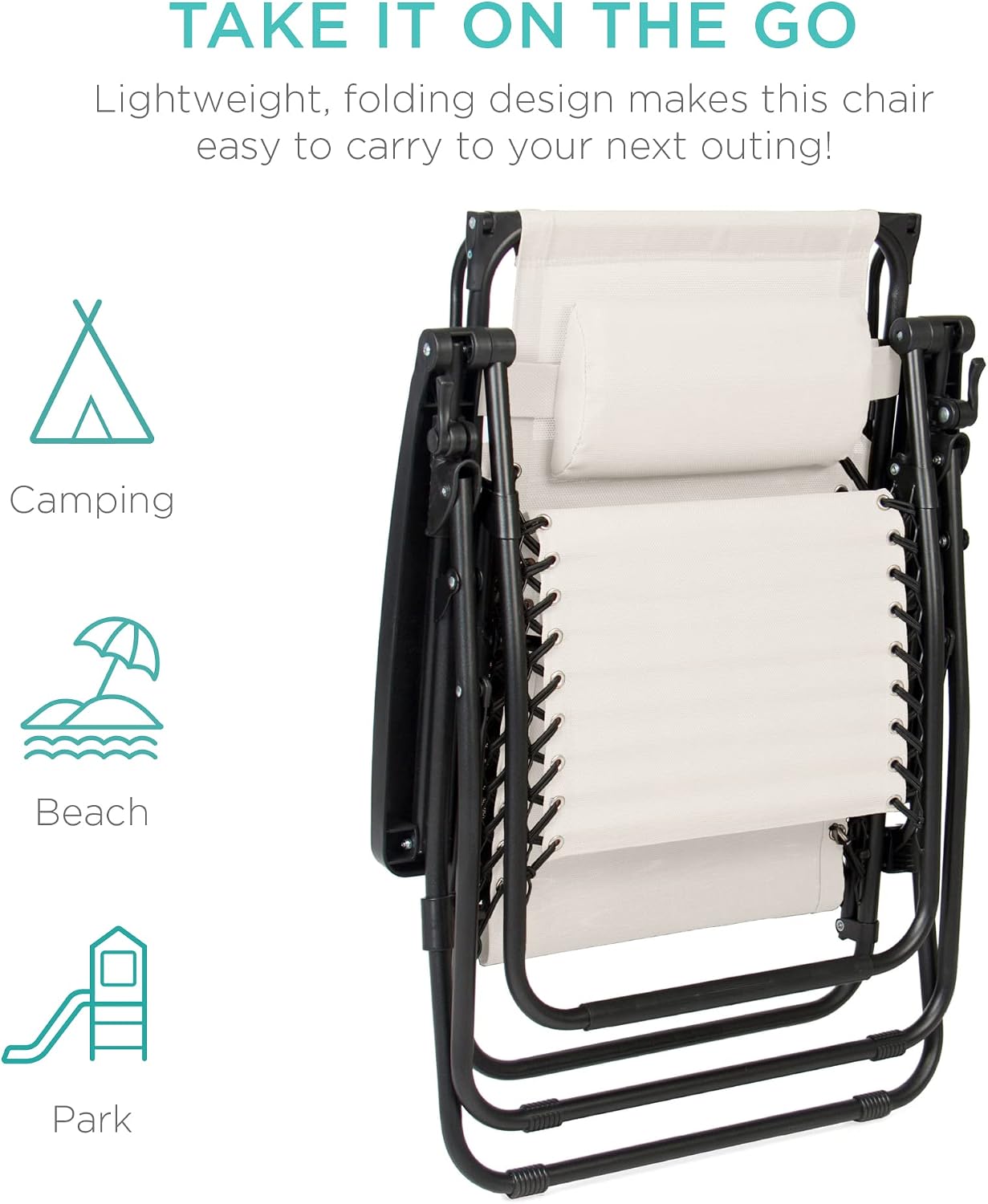 Best Choice Products Folding Zero Gravity Outdoor Recliner Patio Lounge Chair w/Adjustable Canopy Shade, Headrest, Side Accessory Tray, Textilene Mesh - Beige
