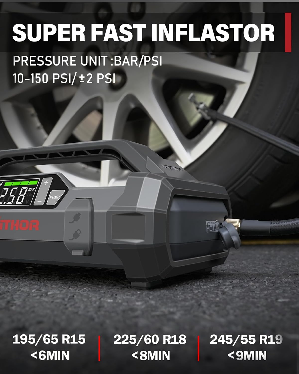 LOKITHOR JA300 Jump Starter with Air Compressor(7.0L Gas & 4.5L Diesel) | 1500A 12V Portable Jumper Box | 150PS 35LPM Tire Inflator, Digital Display