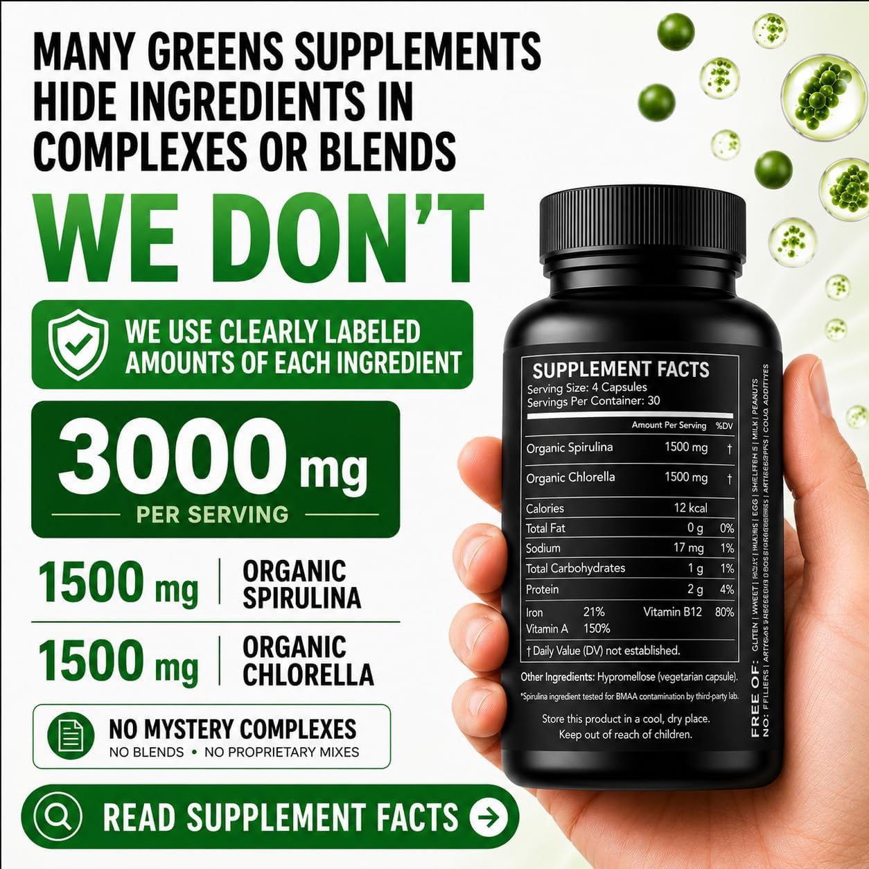 Chlorella Spirulina Powder Capsules 3000 mg of BMAA Free Purest Blue Green Algae - Best Natural Detox Raw Vegan Vitamins Protein Green Superfood