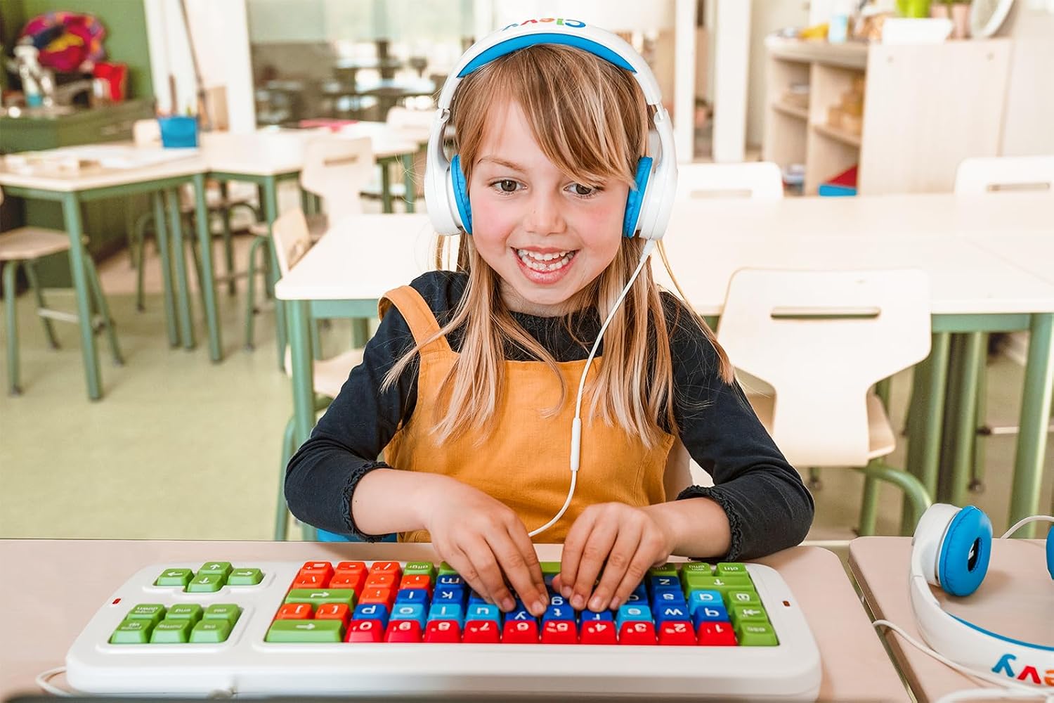 Clevy Keyboard Tri-Mode Uppercase - Kids Uppercase USB & Blutooth Compatible Colorful Spill Proof Keyboard for Early Education - Designed to Help Teach Computer and Keyboard Skills to Children