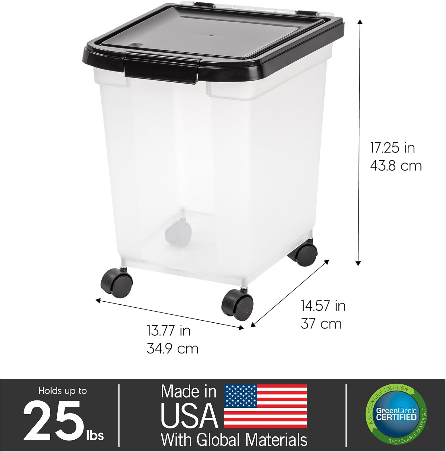 IRIS USA Dog Food Storage Container, Up to 25 lbs, Black, Made in USA | Wheels for Mobility, Airtight Seal, BPA-Free, Best for Bird Seed, Cat food, Cat Litter, Chicken Feed, Pellets