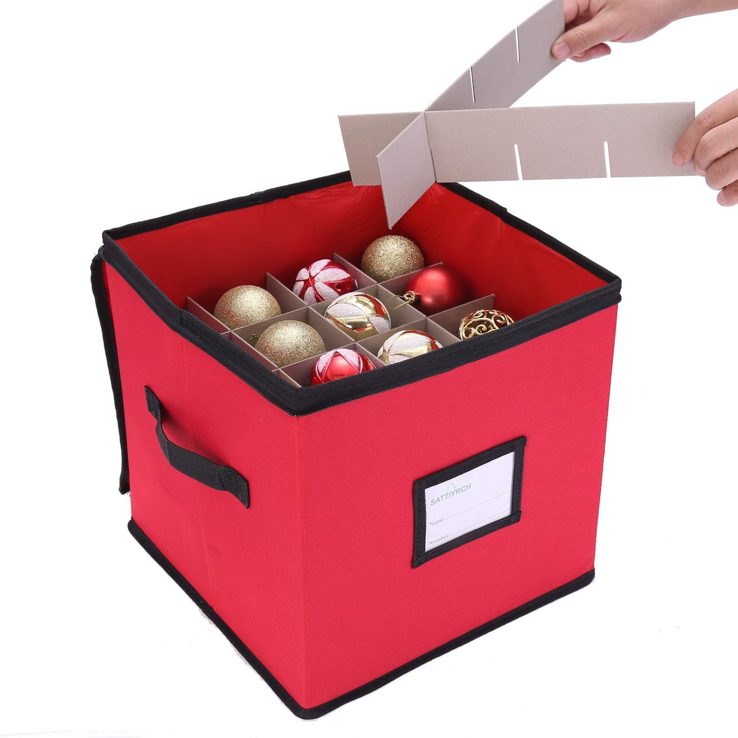 Sattiyrch Christmas Ornament Storage Box,Canvas Stores up-to 64 Standard Holiday Ornaments Holder,12 x 12 Inch 4 Layer Xmas Storage Containers,Green