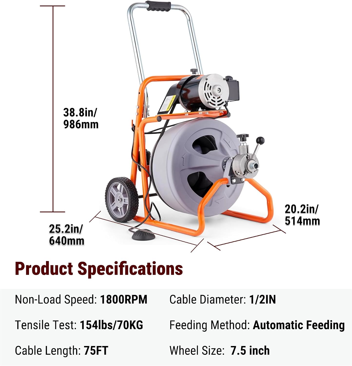 HoldwellS 50FT x 5/16 Inch Drain Cleaner Machine, Electric Drain Auger for 3/4"-3" Pipes, Sewer Snake Auger with 4 Cutters & Pneumatic Foot Switch