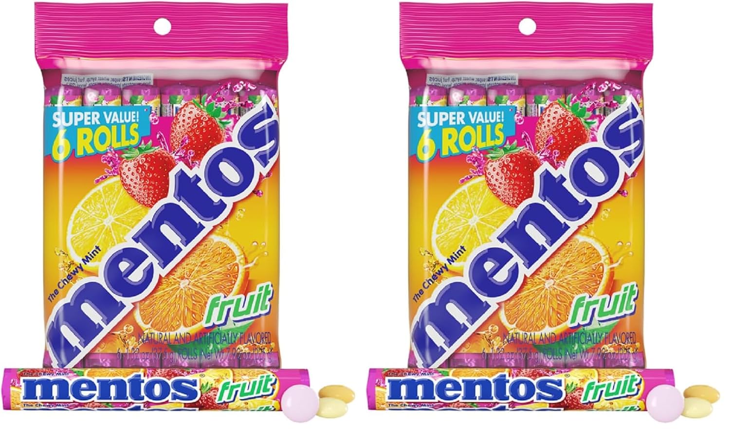 Mentos Fruit Chewy Mint Candy Roll, Mixed Fruit Flavors, Valentine's Day Candy for Parties & Favors, 14 Pieces Per Roll (Pack of 6) | Individually Wrapped Candy for Kids & Adults, Bulk Candy, Great for Parties, Birthdays, Holidays