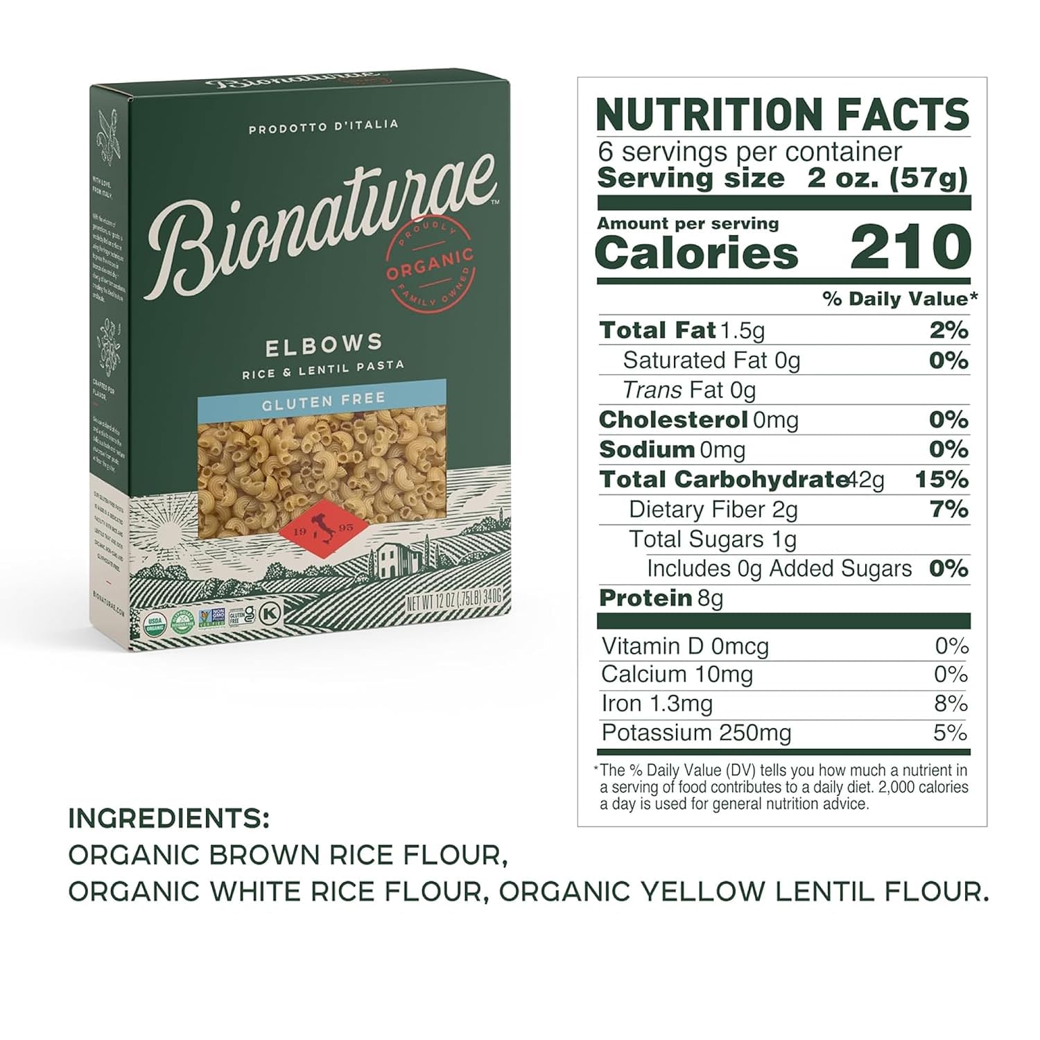 Bionaturae Elbow Pasta Noodles - Gluten Free Pasta Organic, Rice & Lentil Pasta, Kosher Certified, High Protein, Non-GMO Verified, USDA Certified, Gluten Free Pastas, Crafted in Italy - 12 Oz, 3 Pack